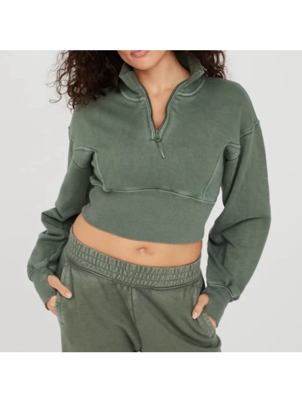 aerie Offline Green Cropped Pullover Quarter Zip Sweatshirt